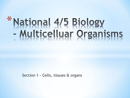 Section 1 – Cells, tissues & organs. * 1) Name 3 types of tissue in humans. * 2) Name 1 type of tissue in plants * 3) For each can you name a particular.