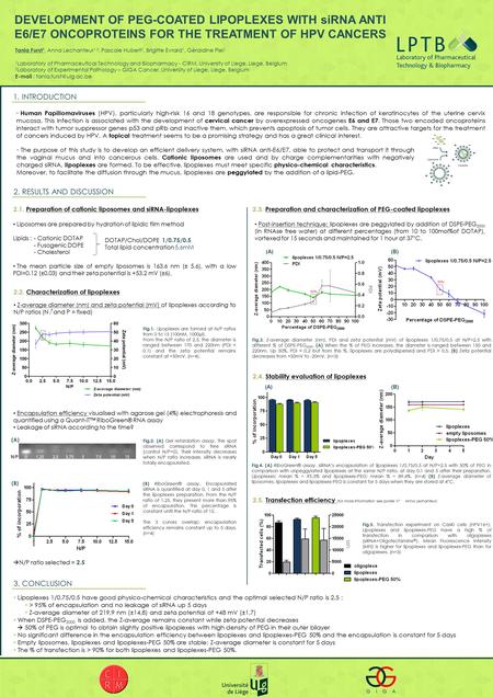 DEVELOPMENT OF PEG-COATED LIPOPLEXES WITH siRNA ANTI E6/E7 ONCOPROTEINS FOR THE TREATMENT OF HPV CANCERS Tania Furst 1, Anna Lechanteur 1,2, Pascale Hubert.