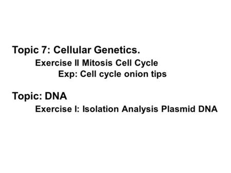 Topic 7: Cellular Genetics. Exercise II Mitosis Cell Cycle Exp: Cell cycle onion tips Topic: DNA Exercise I: Isolation Analysis Plasmid DNA.