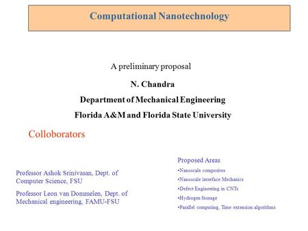 Computational Nanotechnology A preliminary proposal N. Chandra Department of Mechanical Engineering Florida A&M and Florida State University Proposed Areas.