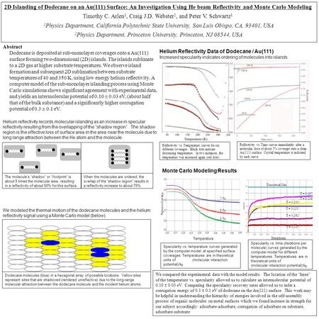 2D Islanding of Dodecane on an Au(111) Surface: An Investigation Using He beam Reflectivity and Monte Carlo Modeling Timothy C. Arlen 1, Craig J.D. Webster.