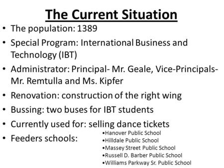 The Current Situation The population: 1389 Special Program: International Business and Technology (IBT) Administrator: Principal- Mr. Geale, Vice-Principals-