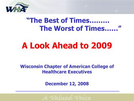 “The Best of Times……… The Worst of Times……” A Look Ahead to 2009 Wisconsin Chapter of American College of Healthcare Executives December 12, 2008.