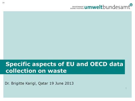 Specific aspects of EU and OECD data collection on waste Dr. Brigitte Karigl, Qatar 19 June 2013 1 14.