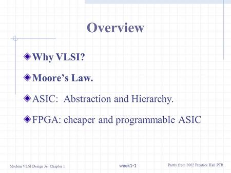 Overview Why VLSI? Moore’s Law. ASIC: Abstraction and Hierarchy.