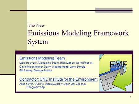 1 The New Emissions Modeling Framework System Emissions Modeling Team Marc Houyoux, Madeleine Strum, Rich Mason, Norm Possiel David Misenheimer, Darryl.