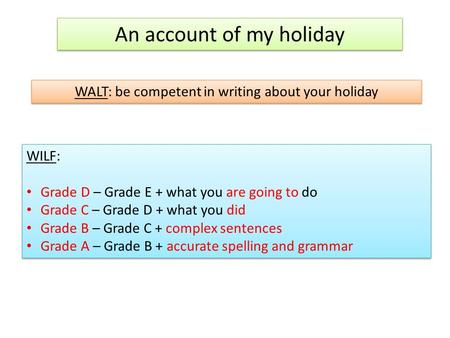 An account of my holiday WALT: be competent in writing about your holiday WILF: Grade D – Grade E + what you are going to do Grade C – Grade D + what you.