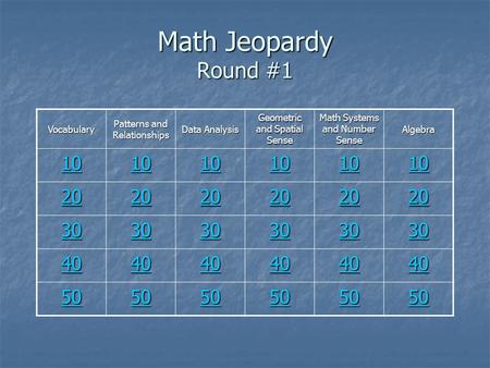 Math Jeopardy Round #1 Vocabulary Patterns and Relationships Data Analysis Geometric and Spatial Sense Math Systems and Number Sense Algebra 10 20 30 40.