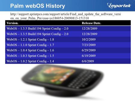 Palm webOS History Version.Release Date. WebOS – 1.3.5 Build 194 Sprint Config – 2.012/28/2009 WebOS – 1.3.5 Build 194 Sprint Config – 2.012/28/2009 WebOS.