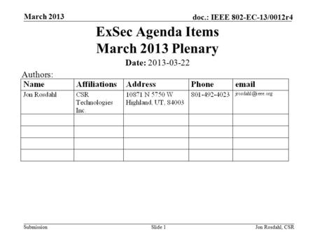 Submission doc.: IEEE 802-EC-13/0012r4 March 2013 Jon Rosdahl, CSRSlide 1 ExSec Agenda Items March 2013 Plenary Date: 2013-03-22 Authors: