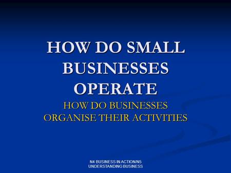 N4 BUSINESS IN ACTION/N5 UNDERSTANDING BUSINESS HOW DO SMALL BUSINESSES OPERATE HOW DO BUSINESSES ORGANISE THEIR ACTIVITIES.