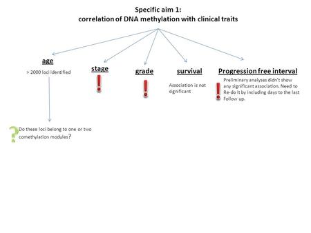 Specific aim 1: correlation of DNA methylation with clinical traits age stage gradesurvivalProgression free interval Preliminary analyses didn’t show any.