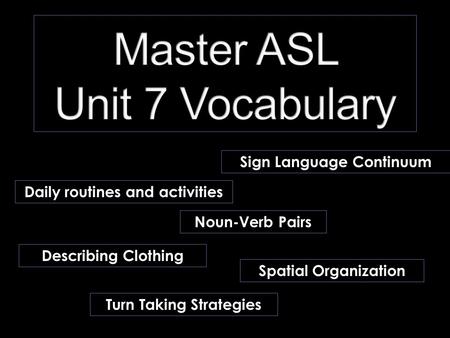 Daily routines and activities Noun-Verb Pairs Describing Clothing Spatial Organization Turn Taking Strategies Sign Language Continuum.