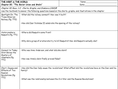 THE WEST & THE WORLD Chapter 30: “The Soviet Union and Stalin” Name:_________________________ Date:__________________________ Chapter 30 Secs. 1-2: Charts,