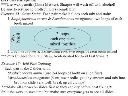 Lab 4 Goals and Objectives: ***Use wax pencils (China Marker): Sharpie will wash off with alcohol! Be sure to resuspend broth cultures completely! Exercise.