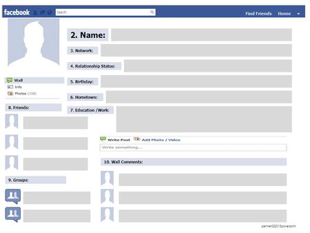 8. Friends: 9. Groups: 10. Wall Comments: 3. Network: 7. Education /Work: 2. Name: 4. Relationship Status: 5. Birthday: 6. Hometown: jparmer022013powerpoint.