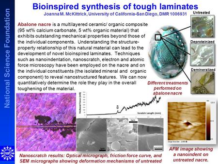 National Science Foundation Abalone nacre is a multilayered ceramic/ organic composite (95 wt% calcium carbonate, 5 wt% organic material) that exhibits.