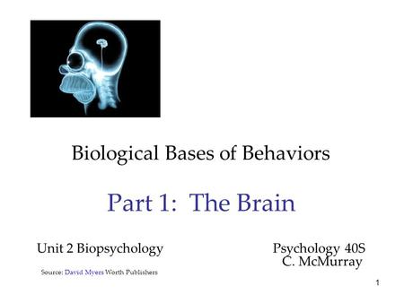 1 Biological Bases of Behaviors Part 1: The Brain Unit 2 Biopsychology Psychology 40S C. McMurray Source: David Myers Worth Publishers.