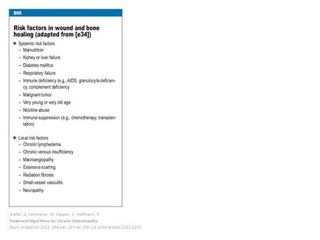 Walter, G; Kemmerer, M; Kappler, C; Hoffmann, R Treatment Algorithms for Chronic Osteomyelitis Dtsch Arztebl Int 2012; 109(14): 257-64; DOI: 10.3238/arztebl.2012.0257.