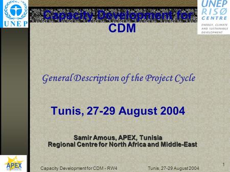 Capacity Development for CDM - RW4 Tunis, 27-29 August 2004 1 Capacity Development for CDM General Description of the Project Cycle Tunis, 27-29 August.