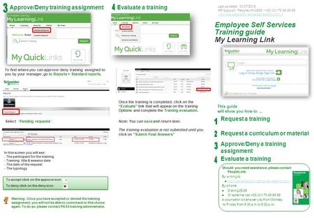 This guide will show you how to... Request a training Request a curriculum or material Last updated : 31/07/2015 HR Support : PeopleLink 2525 / +33 (0)1.