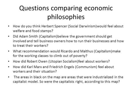 Questions comparing economic philosophies How do you think Herbert Spencer (Social Darwinism)would feel about welfare and food stamps? Did Adam Smith (Capitalism)believe.