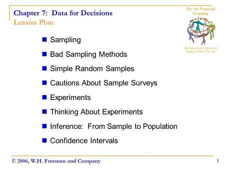 Chapter 7: Data for Decisions Lesson Plan Sampling Bad Sampling Methods Simple Random Samples Cautions About Sample Surveys Experiments Thinking About.