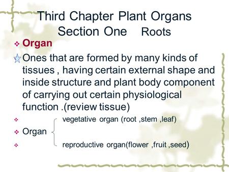 Third Chapter Plant Organs Section One Roots  Organ  Ones that are formed by many kinds of tissues, having certain external shape and inside structure.