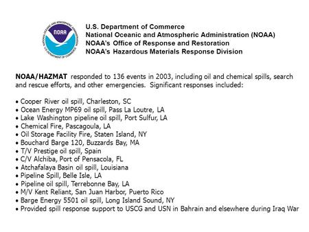 U.S. Department of Commerce National Oceanic and Atmospheric Administration (NOAA) NOAA’s Office of Response and Restoration NOAA’s Hazardous Materials.