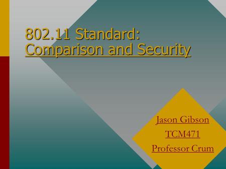 802.11 Standard: Comparison and Security Jason Gibson TCM471 Professor Crum.