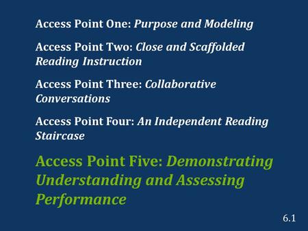 Access Point One: Purpose and Modeling Access Point Two: Close and Scaffolded Reading Instruction Access Point Three: Collaborative Conversations Access.