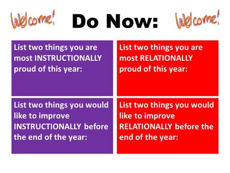 Do Now: List two things you are most INSTRUCTIONALLY proud of this year: List two things you would like to improve INSTRUCTIONALLY before the end of the.