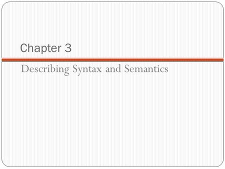 Chapter 3 1-1 Describing Syntax and Semantics. Chapter 3 Topics 1-2 Introduction The General Problem of Describing Syntax Formal Methods of Describing.