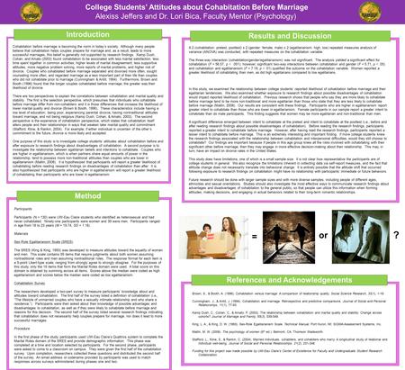 Introduction College Students’ Attitudes about Cohabitation Before Marriage Alexiss Jeffers and Dr. Lori Bica, Faculty Mentor (Psychology) Participants.