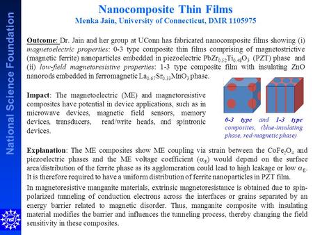 National Science Foundation Outcome: Dr. Jain and her group at UConn has fabricated nanocomposite films showing (i) magnetoelectric properties: 0-3 type.