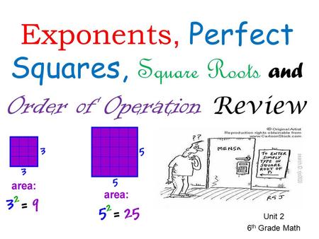 Unit 2 6 th Grade Math Exponents, Perfect Squares, Square Roots and Order of Operation Review.