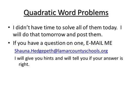 Quadratic Word Problems