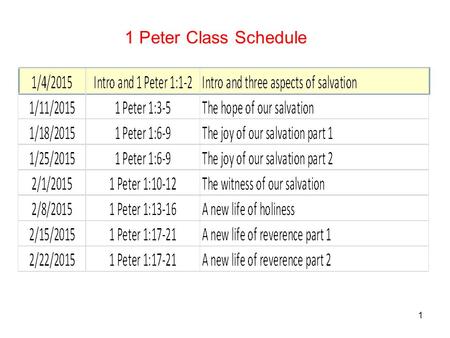 1 1 Peter Class Schedule. Peter, the apostle, is first found in Scripture in the Gospels Matthew 4:18 Now as Jesus was walking by the Sea of Galilee,