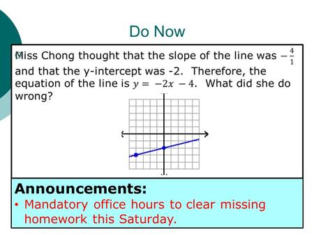  Announcements: Mandatory office hours to clear missing homework this Saturday. Do Now.