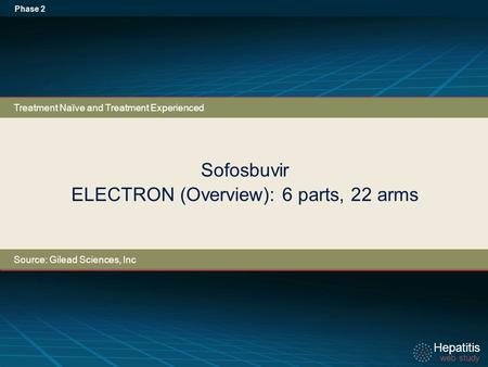 Hepatitis web study Hepatitis web study Sofosbuvir ELECTRON (Overview): 6 parts, 22 arms Phase 2 Treatment Naïve and Treatment Experienced Source: Gilead.