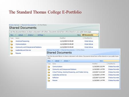 The Standard Thomas College E-Portfolio. Sample artifacts selected by the student as representative of the core competency Critical and Analytical Thinking.