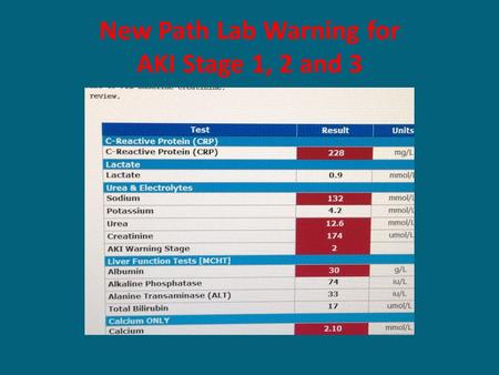 New Path Lab Warning for AKI Stage 1, 2 and 3. MCHFT has gone live with AKI alerts Detects AKI based on serum creatinine rise Reports the AKI stage in.