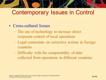 Chapter 15, Stephen P. Robbins, Mary Coulter, and Nancy Langton, Management, Ninth Canadian Edition Copyright © 2009 Pearson Education Canada 15-30 Contemporary.