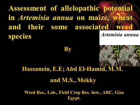 Assessment of allelopathic potential in Artemisia annua on maize, wheat and their some associated weed species By Hassanein, E.E; Abd El-Hamid, M.M. and.