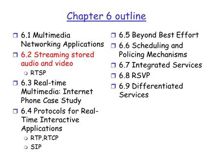 Chapter 6 outline r 6.1 Multimedia Networking Applications r 6.2 Streaming stored audio and video m RTSP r 6.3 Real-time Multimedia: Internet Phone Case.