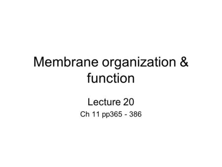 Membrane organization & function Lecture 20 Ch 11 pp365 - 386.