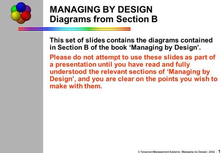 © Tesseract Management Systems / Managing by Design / 2002 - 1 MANAGING BY DESIGN Diagrams from Section B This set of slides contains the diagrams contained.