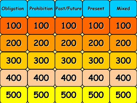 Menu 100 200 300 400 500 ObligationProhibitionPast/FuturePresentMixed.