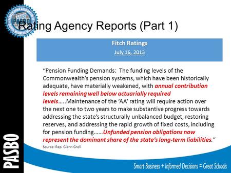 Rating Agency Reports (Part 1) Fitch Ratings July 16, 2013 “Pension Funding Demands: The funding levels of the Commonwealth’s pension systems, which have.