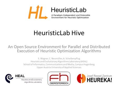 HeuristicLab Hive An Open Source Environment for Parallel and Distributed Execution of Heuristic Optimization Algorithms S. Wagner, C. Neumüller, A. Scheibenpflug.